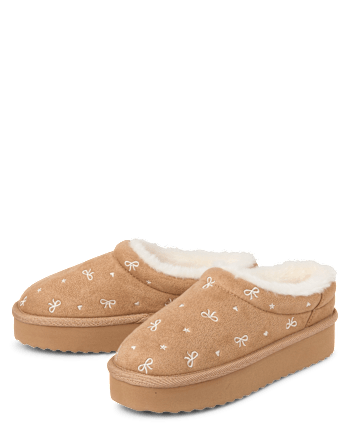 Girls Embroidered Bow Teddy Slip Ons
