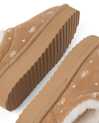 Girls Embroidered Bow Teddy Slip Ons