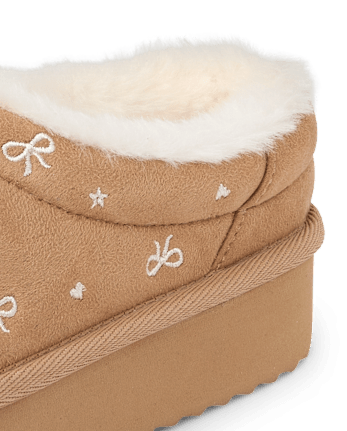 Girls Embroidered Bow Teddy Slip Ons