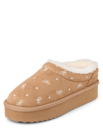Girls Embroidered Bow Teddy Slip Ons