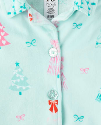 Girls Mommy And Me Christmas Tree Velour Button Front Pajamas