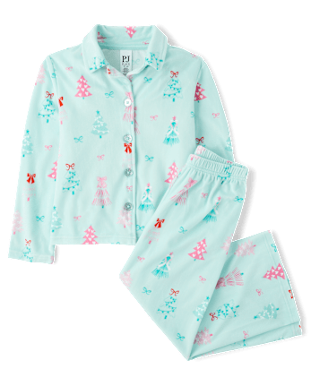 Girls Mommy And Me Christmas Tree Velour Button Front Pajamas
