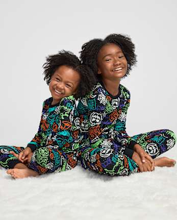 Kids Glow Halloween Graffiti Snug Fit Cotton Pajamas