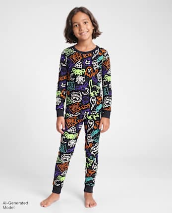 Kids Glow Halloween Graffiti Snug Fit Cotton Pajamas - BLACK
