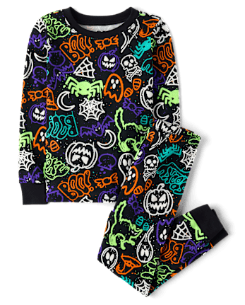 Kids Glow Halloween Graffiti Snug Fit Cotton Pajamas