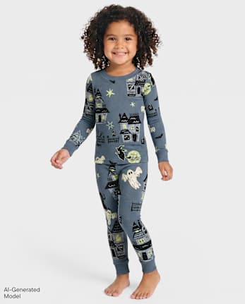 Baby And Toddler Matching Family Glow Haunted House Snug Fit Cotton Pajamas - SLATE