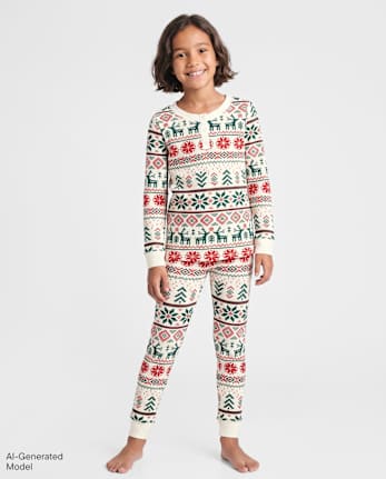 Pyjamas Henley thermiques assortis pour enfants et familles, motif Fair Isle, pour Noël - MARSHMALLOW