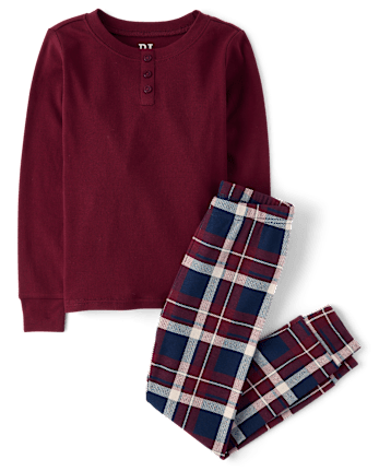 Boys Plaid Henley Snug Fit Cotton Pajamas
