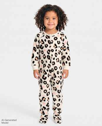 Baby And Toddler Girls Leopard Heart Footed One Piece Pajamas - Cozy Fleece - HALO WHITE
