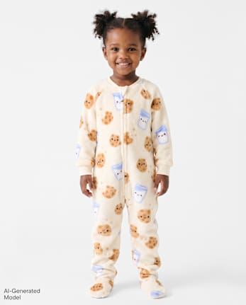 Baby And Toddler Milk And Cookies Footed One Piece Pajamas - Cozy Fleece - MARSHMALLOW