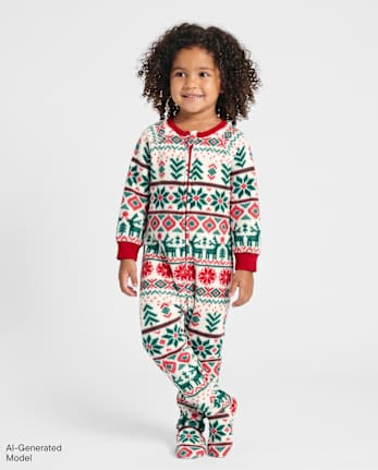Baby And Toddler Matching Family Christmas Fairisle Dream Fleece Footed One Piece Pajamas - MARSHMALLOW