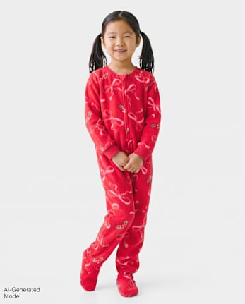 Baby Girls Mommy And Me Christmas Bows Dream Fleece Footed One Piece Pajamas - RED GUMBALL