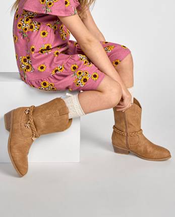 Girls Braided Charm Cowgirl Boots - TAN