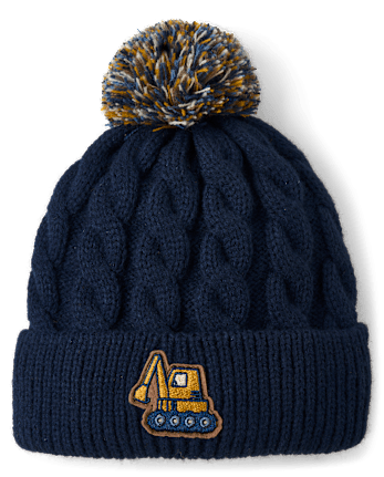 Toddler Boys Embroidered Construction Vehicle Pom Pom Beanie