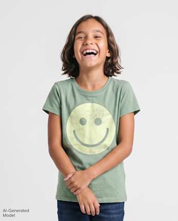 Girls Happy Faces Graphic Tee - GLASS GREEN CL