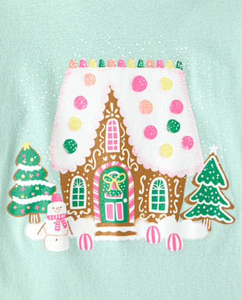 Girls Christmas Gingerbread House Graphic Tee - MINT CREAM