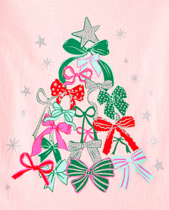 Girls Bow Christmas Tree Graphic Tee - PINK SEA SALT