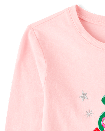 Girls Bow Christmas Tree Graphic Tee - PINK SEA SALT
