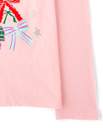 Girls Bow Christmas Tree Graphic Tee - PINK SEA SALT