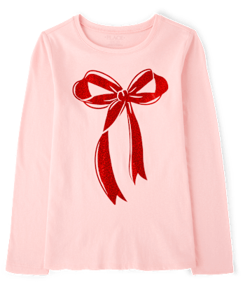 Girls Christmas Bow Graphic Tee - PINK SEA SALT