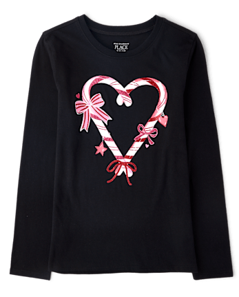 Girls Christmas Candy Cane Heart Graphic Tee - BLACK