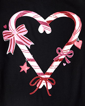 Girls Christmas Candy Cane Heart Graphic Tee - BLACK