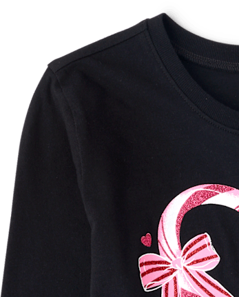 Girls Christmas Candy Cane Heart Graphic Tee - BLACK