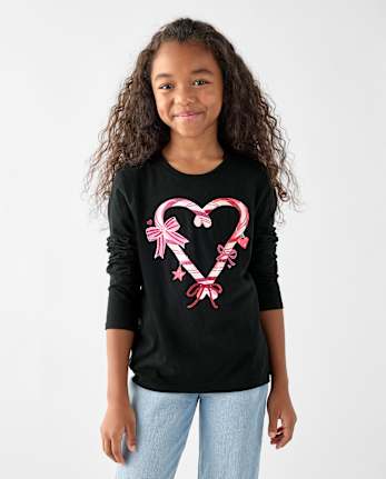 Girls Christmas Candy Cane Heart Graphic Tee - BLACK