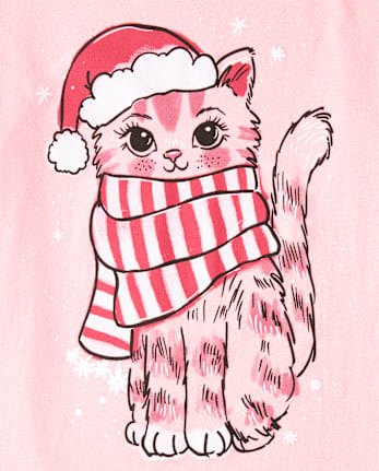 Girls Christmas Cat Graphic Tee - PINK SEA SALT