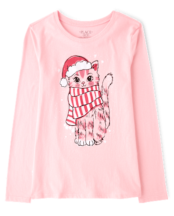 Girls Christmas Cat Graphic Tee - PINK SEA SALT