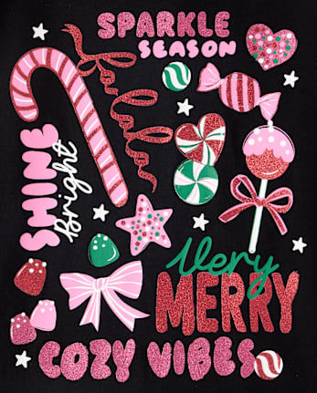 Girls Christmas Doodles Graphic Tee - BLACK