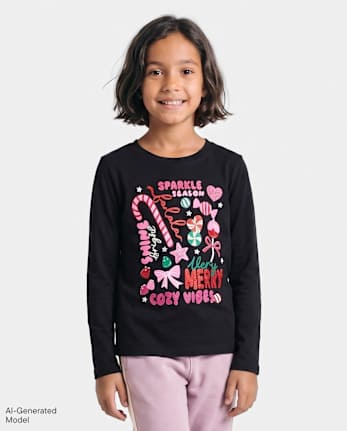 Girls Christmas Doodles Graphic Tee - BLACK