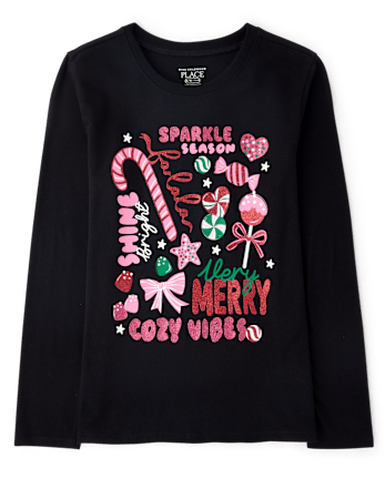 Girls Christmas Doodles Graphic Tee - BLACK