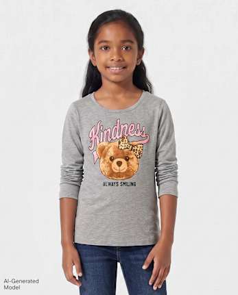 Girls Kindness Bear Graphic Tee - S/D GRAY OWL