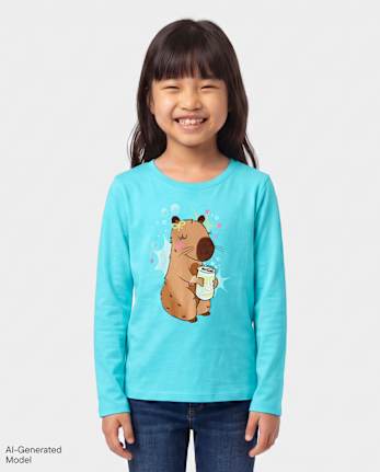 Girls Capybara Drink Graphic Tee - PASTELBLUE