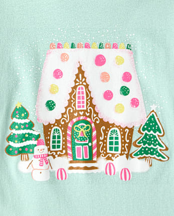 Baby And Toddler Girls Christmas Gingerbread House Graphic Tee - MINT CREAM