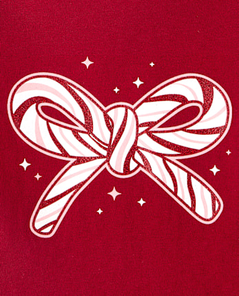 Baby And Toddler Girls Christmas Candy Cane Bow Graphic Tee - RED OCHRE