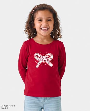 Baby And Toddler Girls Christmas Candy Cane Bow Graphic Tee - RED OCHRE
