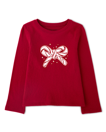 Baby And Toddler Girls Christmas Candy Cane Bow Graphic Tee - RED OCHRE