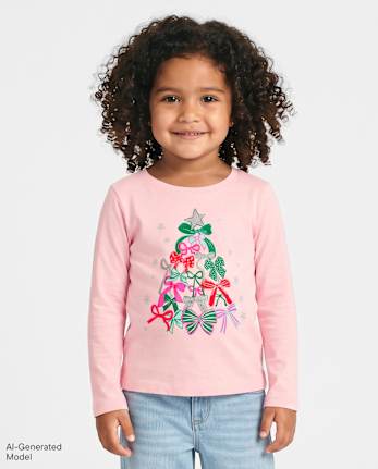 Baby And Toddler Girls Christmas Tree Bows Graphic Tee - PINK SEA SALT