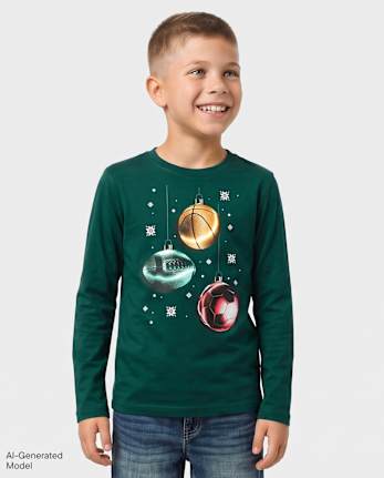 Boys Christmas Sports Ornaments Graphic Tee - BALT GREEN