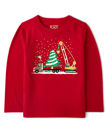 Baby And Toddler Boys Christmas Construction Vehicle Graphic Tee - GALA RED CL