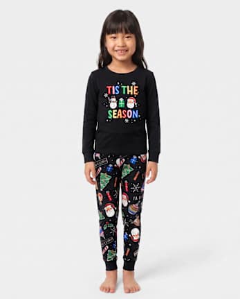 Pyjamas en coton ajustés pour enfants, assortis à la collection familiale Glow Tis' The Season - BLACK