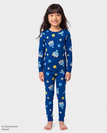 Kids Matching Family Glow Hanukkah Snug Fit Cotton Pajamas - NAVY NARROWS