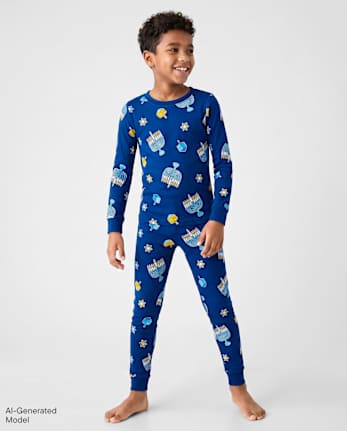 Kids Matching Family Glow Hanukkah Snug Fit Cotton Pajamas - NAVY NARROWS