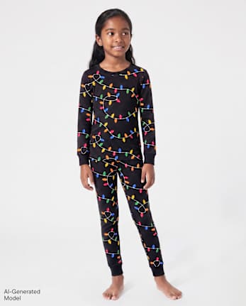 Kids Matching Family Christmas Lights Snug Fit Cotton Pajamas - BLACK