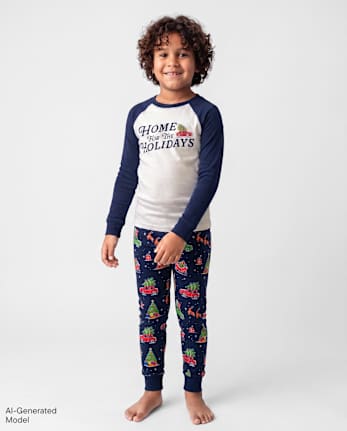 Kids Matching Family Home For The Holidays Snug Fit Cotton Pajamas - THUNDER BLUE