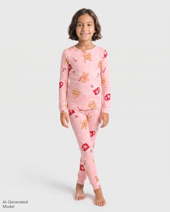 Pyjamas Henley en coton ajustés, motif pain d'épice, assortis pour filles et toute la famille - PINK SEA SALT