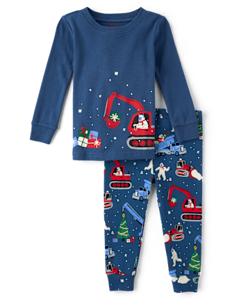 Baby And Toddler Boys Glow Christmas Construction Vehicle Snug Fit Cotton Pajamas