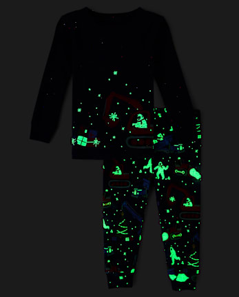 Baby And Toddler Boys Glow Christmas Construction Vehicle Snug Fit Cotton Pajamas